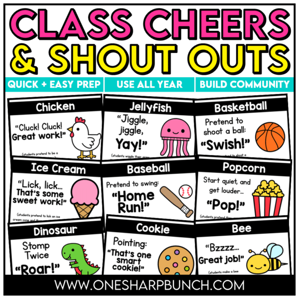 Celebrate student success while building classroom community with these fun and engaging class cheers! Perfect for back to school and the first week of school, these printable classroom cheers make it easy to recognize effort, celebrate accomplishments with meaningful shout outs, and create a positive classroom culture where every student feels valued!