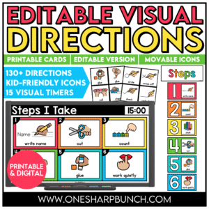Establish clear classroom visual directions from day one with these printable visual direction cards and visual digital slides! Perfect for back to school and beyond, this classroom management resource helps you reinforce classroom routines, reduce repeated verbal directions, and clearly communicate expectations. With consistent visual cues for everyday tasks and activities, students always know what to do next, helping them build independence and stay engaged throughout the school day!