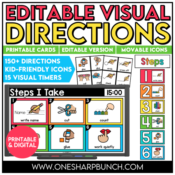 Establish clear classroom visual directions from day one with these printable visual direction cards and visual digital slides! Perfect for back to school and beyond, this classroom management resource helps you reinforce classroom routines, reduce repeated verbal directions, and clearly communicate expectations. With consistent visual cues for everyday tasks and activities, students always know what to do next, helping them build independence and stay engaged throughout the school day!