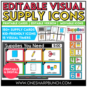 Simplify classroom management with these editable visual supply cards and editable visual supply digital slides! Perfect for back to school and beyond, these visual supplies and supply visuals clearly show students exactly what materials they need for any lesson or activity. Designed to support consistent classroom routines and procedures, these visual supply cards reduce repeated questions, help students gather materials independently, and keep transitions and learning activities running smoothly!