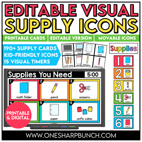 Simplify classroom management with these editable visual supply cards and editable visual supply digital slides! Perfect for back to school and beyond, these visual supplies and supply visuals clearly show students exactly what materials they need for any lesson or activity. Designed to support consistent classroom routines and procedures, these visual supply cards reduce repeated questions, help students gather materials independently, and keep transitions and learning activities running smoothly!