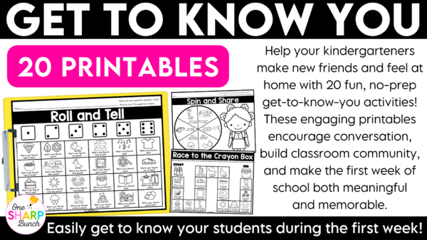 20 Printable Back to School Getting to Know You Activities Classroom Community All About Me First Day Ice Breakers Build classroom community from the first day of school with 20+ printable getting to know you activities! Perfect for back to school activities, the first week of school, classroom community building, get to know you, and all about me lessons, this collection of engaging, ready-to-use printables helps students learn about one another while practicing oral language, listening, drawing, graphing, and cooperative learning skills. The beginning of the school year is busy enough, so these print-and-go activities make it easy to build relationships and create meaningful classroom connections from day one!