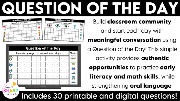 Back to School Question of the Day Jumpstart your morning with simple attendance questions that get everyone talking! These printable and digital Question of the Day activities are the perfect way to add meaningful conversation and connection to your morning routine. Use these conversation starters during your morning meeting, morning work, or daily classroom routine as students answer questions, share their ideas, and get to know one another. With 30 engaging questions, you'll have an easy, no-prep activity ready to go!