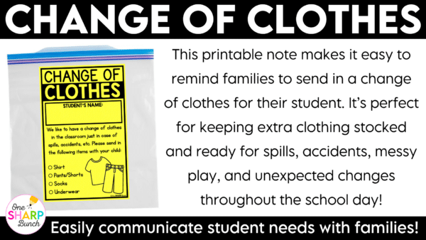 Editable Change of Clothes Note, Bag Label, Extra Clothes Parent Notes Make sending home and keeping track of extra clothes simple with these editable change of clothes notes! This resource includes an extra clothes note and label that are perfect for Open House, Meet the Teacher, Back to School Night, or the first week of school, plus a convenient restock note to use throughout the school year when students need fresh clothing items!