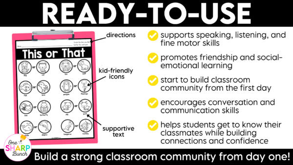 20 Printable Back to School Getting to Know You Activities Classroom Community All About Me First Day Ice Breakers Build classroom community from the first day of school with 20+ printable getting to know you activities! Perfect for back to school activities, the first week of school, classroom community building, get to know you, and all about me lessons, this collection of engaging, ready-to-use printables helps students learn about one another while practicing oral language, listening, drawing, graphing, and cooperative learning skills. The beginning of the school year is busy enough, so these print-and-go activities make it easy to build relationships and create meaningful classroom connections from day one!