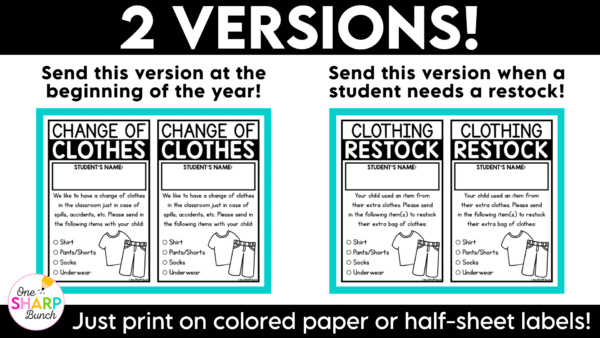 Editable Change of Clothes Note, Bag Label, Extra Clothes Parent Notes Make sending home and keeping track of extra clothes simple with these editable change of clothes notes! This resource includes an extra clothes note and label that are perfect for Open House, Meet the Teacher, Back to School Night, or the first week of school, plus a convenient restock note to use throughout the school year when students need fresh clothing items!
