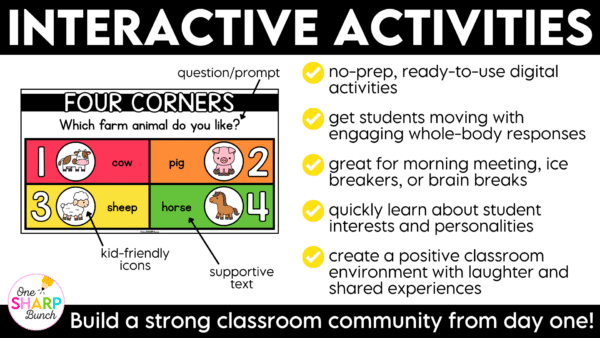 Digital Back to School Getting to Know You Activities Classroom Community All About Me First Day Ice Breakers Build classroom community from day one with these digital getting to know you activities! Perfect for back to school activities, the first week of school, classroom community building, get to know you, and all about me lessons, these interactive slides get students moving, talking, and learning about one another in a fun, engaging way. The beginning of the school year is busy enough, so these no-prep digital slides are ready to use—simply project them and start playing! Whether you're looking to break the ice, encourage participation, or add movement to your day, these engaging activities make it easy to create meaningful connections while keeping students actively involved!