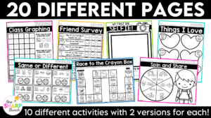 Build classroom community from the first day of school with 20+ printable getting to know you activities! Perfect for back to school activities, the first week of school, classroom community building, get to know you, and all about me lessons, this collection of engaging, ready-to-use printables helps students learn about one another while practicing oral language, listening, drawing, graphing, and cooperative learning skills. The beginning of the school year is busy enough, so these print-and-go activities make it easy to build relationships and create meaningful classroom connections from day one!