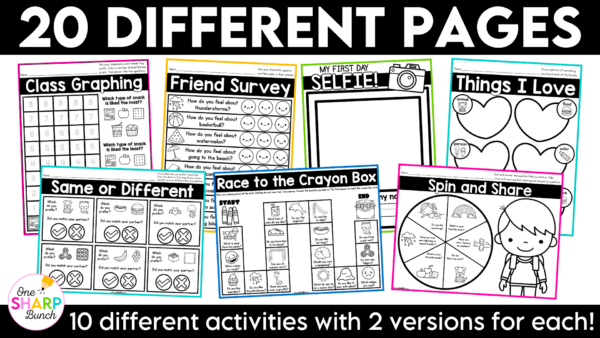 20 Printable Back to School Getting to Know You Activities Classroom Community All About Me First Day Ice Breakers Build classroom community from the first day of school with 20+ printable getting to know you activities! Perfect for back to school activities, the first week of school, classroom community building, get to know you, and all about me lessons, this collection of engaging, ready-to-use printables helps students learn about one another while practicing oral language, listening, drawing, graphing, and cooperative learning skills. The beginning of the school year is busy enough, so these print-and-go activities make it easy to build relationships and create meaningful classroom connections from day one!