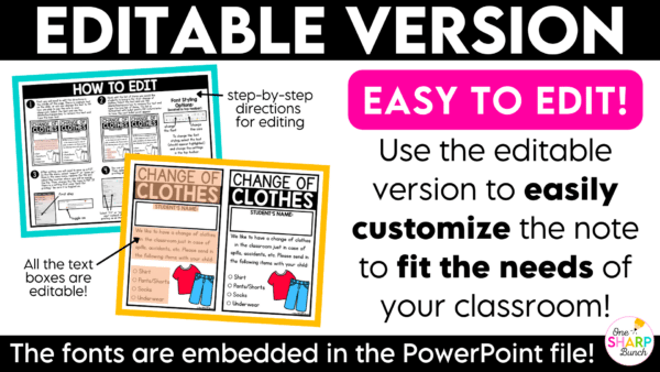 Editable Change of Clothes Note, Bag Label, Extra Clothes Parent Notes Make sending home and keeping track of extra clothes simple with these editable change of clothes notes! This resource includes an extra clothes note and label that are perfect for Open House, Meet the Teacher, Back to School Night, or the first week of school, plus a convenient restock note to use throughout the school year when students need fresh clothing items!