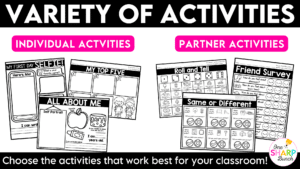 Build classroom community from the first day of school with 20+ printable getting to know you activities! Perfect for back to school activities, the first week of school, classroom community building, get to know you, and all about me lessons, this collection of engaging, ready-to-use printables helps students learn about one another while practicing oral language, listening, drawing, graphing, and cooperative learning skills. The beginning of the school year is busy enough, so these print-and-go activities make it easy to build relationships and create meaningful classroom connections from day one!