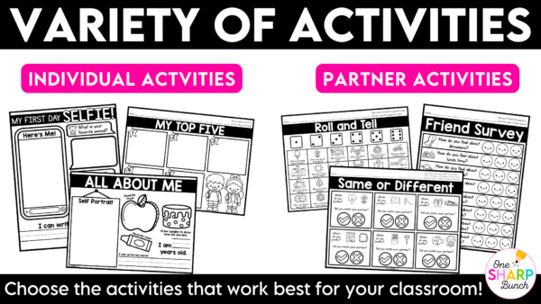 20 Printable Back to School Getting to Know You Activities Classroom Community All About Me First Day Ice Breakers Build classroom community from the first day of school with 20+ printable getting to know you activities! Perfect for back to school activities, the first week of school, classroom community building, get to know you, and all about me lessons, this collection of engaging, ready-to-use printables helps students learn about one another while practicing oral language, listening, drawing, graphing, and cooperative learning skills. The beginning of the school year is busy enough, so these print-and-go activities make it easy to build relationships and create meaningful classroom connections from day one!