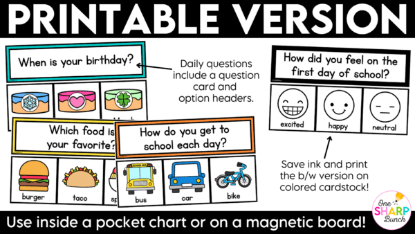 Back to School Question of the Day Jumpstart your morning with simple attendance questions that get everyone talking! These printable and digital Question of the Day activities are the perfect way to add meaningful conversation and connection to your morning routine. Use these conversation starters during your morning meeting, morning work, or daily classroom routine as students answer questions, share their ideas, and get to know one another. With 30 engaging questions, you'll have an easy, no-prep activity ready to go!