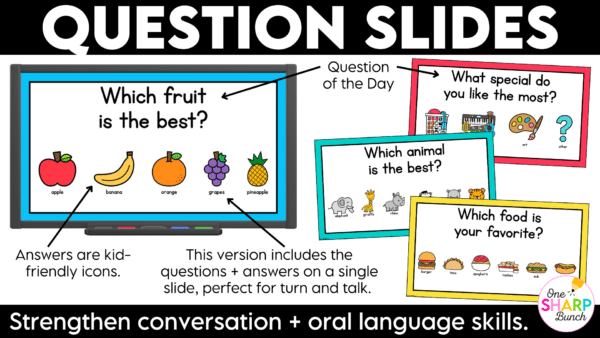 Back to School Question of the Day Jumpstart your morning with simple attendance questions that get everyone talking! These printable and digital Question of the Day activities are the perfect way to add meaningful conversation and connection to your morning routine. Use these conversation starters during your morning meeting, morning work, or daily classroom routine as students answer questions, share their ideas, and get to know one another. With 30 engaging questions, you'll have an easy, no-prep activity ready to go!