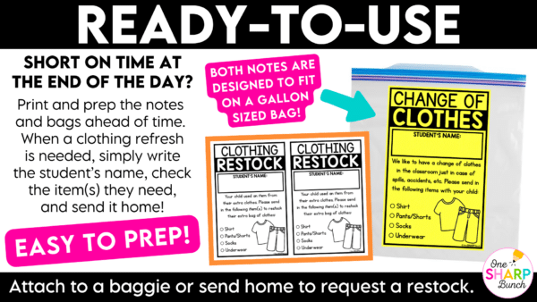 Editable Change of Clothes Note, Bag Label, Extra Clothes Parent Notes Make sending home and keeping track of extra clothes simple with these editable change of clothes notes! This resource includes an extra clothes note and label that are perfect for Open House, Meet the Teacher, Back to School Night, or the first week of school, plus a convenient restock note to use throughout the school year when students need fresh clothing items!