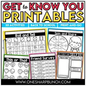 Build classroom community from the first day of school with 20+ printable getting to know you activities! Perfect for back to school activities, the first week of school, classroom community building, get to know you, and all about me lessons, this collection of engaging, ready-to-use printables helps students learn about one another while practicing oral language, listening, drawing, graphing, and cooperative learning skills. The beginning of the school year is busy enough, so these print-and-go activities make it easy to build relationships and create meaningful classroom connections from day one!