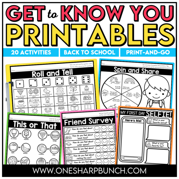 20 Printable Back to School Getting to Know You Activities Classroom Community All About Me First Day Ice Breakers Build classroom community from the first day of school with 20+ printable getting to know you activities! Perfect for back to school activities, the first week of school, classroom community building, get to know you, and all about me lessons, this collection of engaging, ready-to-use printables helps students learn about one another while practicing oral language, listening, drawing, graphing, and cooperative learning skills. The beginning of the school year is busy enough, so these print-and-go activities make it easy to build relationships and create meaningful classroom connections from day one!
