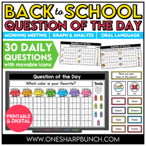 Jumpstart your morning with simple attendance questions that get everyone talking! These printable and digital Question of the Day activities are the perfect way to add meaningful conversation and connection to your morning routine. Use these conversation starters during your morning meeting, morning work, or daily classroom routine as students answer questions, share their ideas, and get to know one another. With 30 engaging questions, you'll have an easy, no-prep activity ready to go!