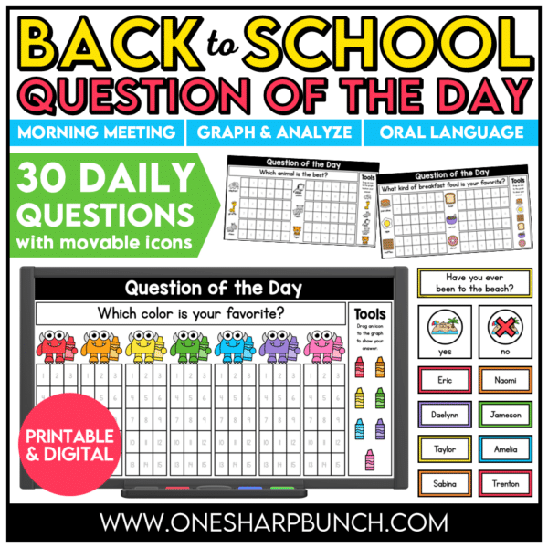 Jumpstart your morning with simple attendance questions that get everyone talking! These printable and digital Question of the Day activities are the perfect way to add meaningful conversation and connection to your morning routine. Use these conversation starters during your morning meeting, morning work, or daily classroom routine as students answer questions, share their ideas, and get to know one another. With 30 engaging questions, you'll have an easy, no-prep activity ready to go!