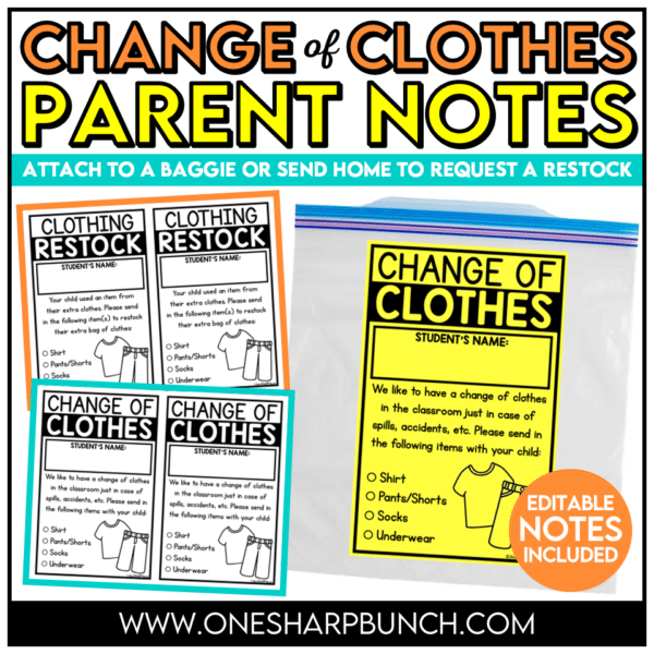 Make sending home and keeping track of extra clothes simple with these editable change of clothes notes! This resource includes an extra clothes note and label that are perfect for Open House, Meet the Teacher, Back to School Night, or the first week of school, plus a convenient restock note to use throughout the school year when students need fresh clothing items!