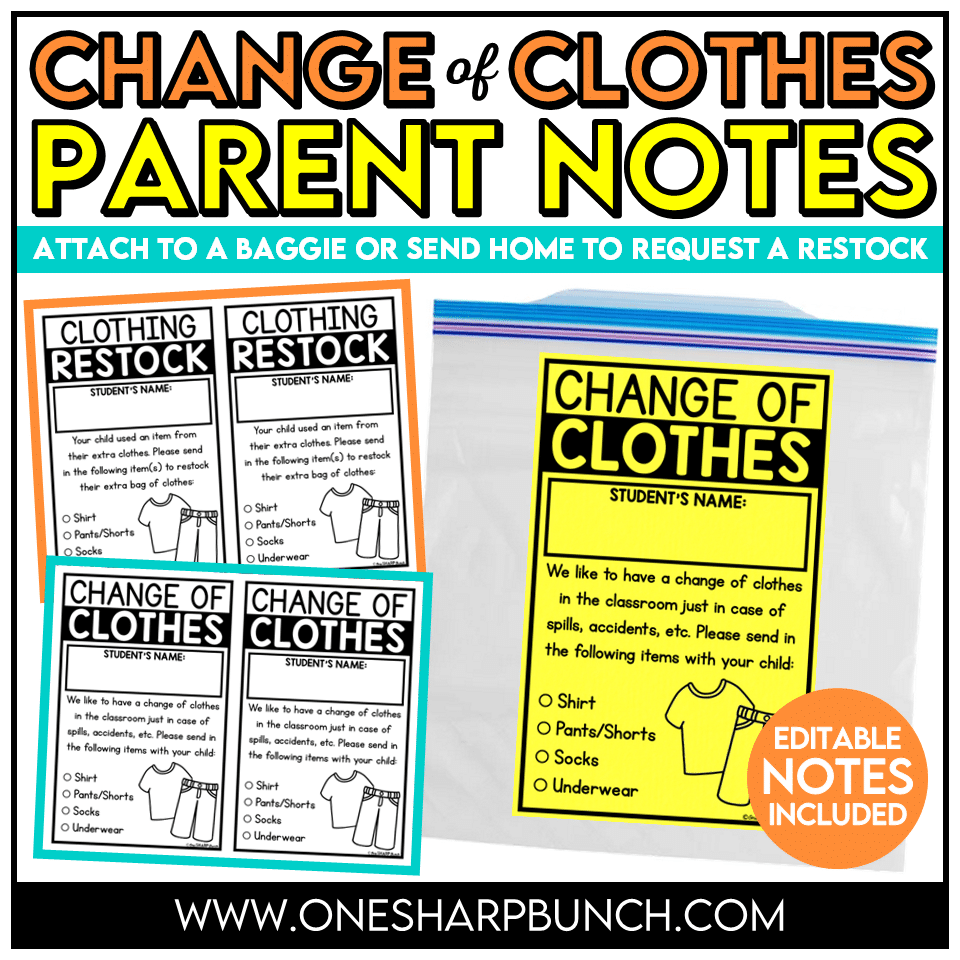 Make sending home and keeping track of extra clothes simple with these editable change of clothes notes! This resource includes an extra clothes note and label that are perfect for Open House, Meet the Teacher, Back to School Night, or the first week of school, plus a convenient restock note to use throughout the school year when students need fresh clothing items!
