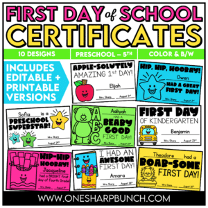 Celebrate the excitement of back to school with an editable first day certificate your students will be proud to take home! These first day of school certificates, including a first day of kindergarten certificate, are an easy way to commemorate this special milestone and make the first day feel extra special!