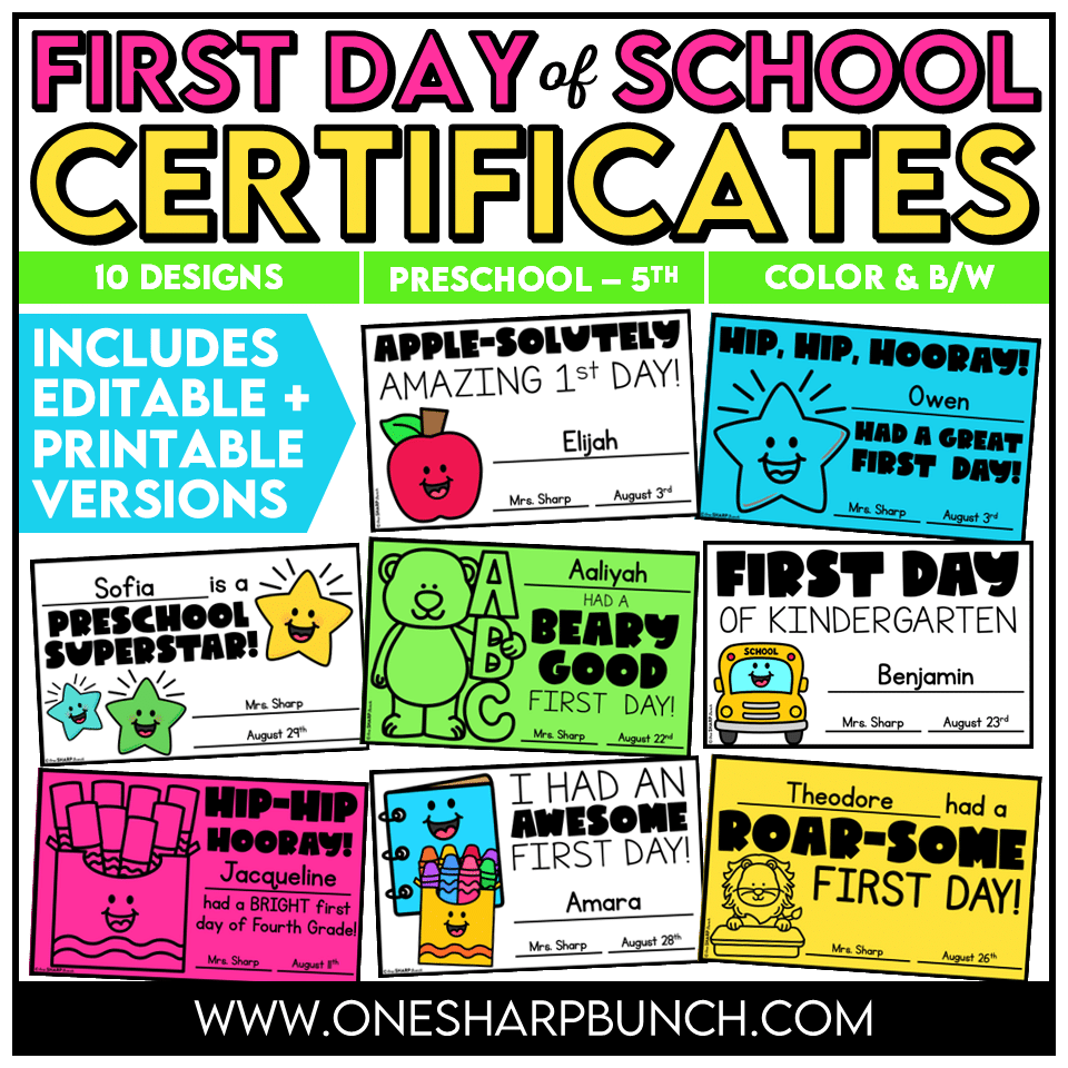 Celebrate the excitement of back to school with an editable first day certificate your students will be proud to take home! These first day of school certificates, including a first day of kindergarten certificate, are an easy way to commemorate this special milestone and make the first day feel extra special!