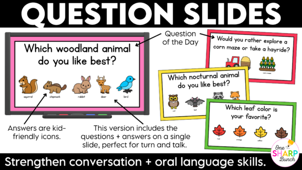 October Question of the Day Jumpstart your morning with simple attendance questions that get everyone talking! These printable and digital Question of the Day activities are the perfect way to add meaningful conversation and connection to your morning routine. Use these conversation starters during your morning meeting, morning work, or daily classroom routine as students answer questions, share their ideas, and get to know one another. With 30 engaging questions, you'll have an easy, no-prep activity ready to go!
