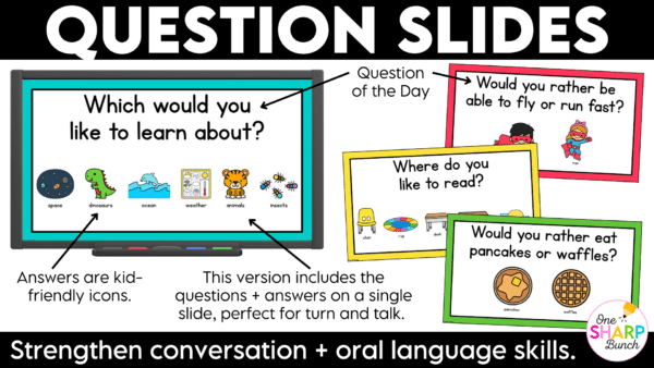 September Question of the Day Jumpstart your morning with simple attendance questions that get everyone talking! These printable and digital Question of the Day activities are the perfect way to add meaningful conversation and connection to your morning routine. Use these conversation starters during your morning meeting, morning work, or daily classroom routine as students answer questions, share their ideas, and get to know one another. With 30 engaging questions, you'll have an easy, no-prep activity ready to go!