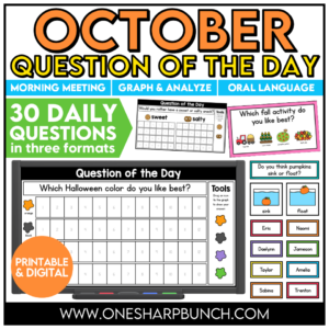 Jumpstart your morning with simple attendance questions that get everyone talking! These printable and digital Question of the Day activities are the perfect way to add meaningful conversation and connection to your morning routine. Use these conversation starters during your morning meeting, morning work, or daily classroom routine as students answer questions, share their ideas, and get to know one another. With 30 engaging questions, you'll have an easy, no-prep activity ready to go!