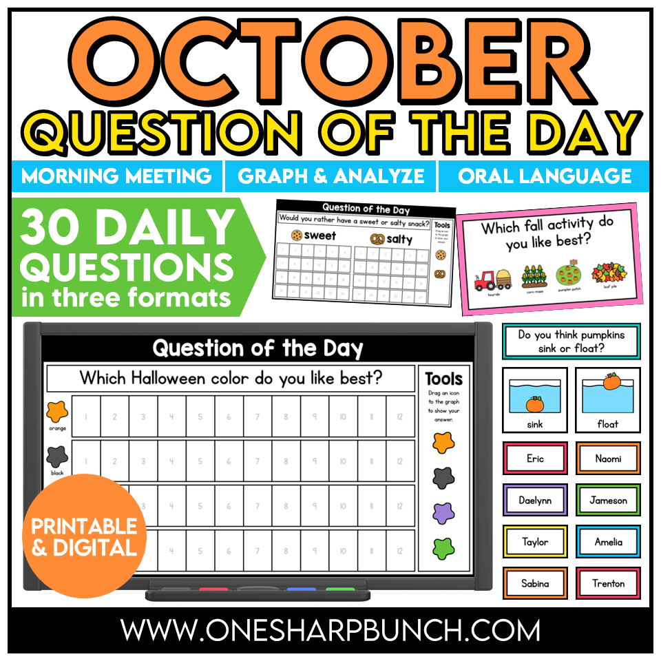 Jumpstart your morning with simple attendance questions that get everyone talking! These printable and digital Question of the Day activities are the perfect way to add meaningful conversation and connection to your morning routine. Use these conversation starters during your morning meeting, morning work, or daily classroom routine as students answer questions, share their ideas, and get to know one another. With 30 engaging questions, you'll have an easy, no-prep activity ready to go!
