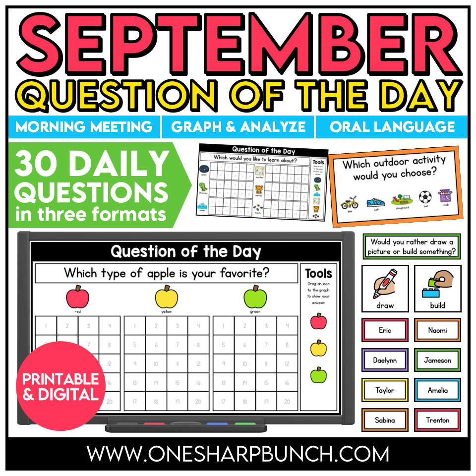 Jumpstart your morning with simple attendance questions that get everyone talking! These printable and digital Question of the Day activities are the perfect way to add meaningful conversation and connection to your morning routine. Use these conversation starters during your morning meeting, morning work, or daily classroom routine as students answer questions, share their ideas, and get to know one another. With 30 engaging questions, you'll have an easy, no-prep activity ready to go!