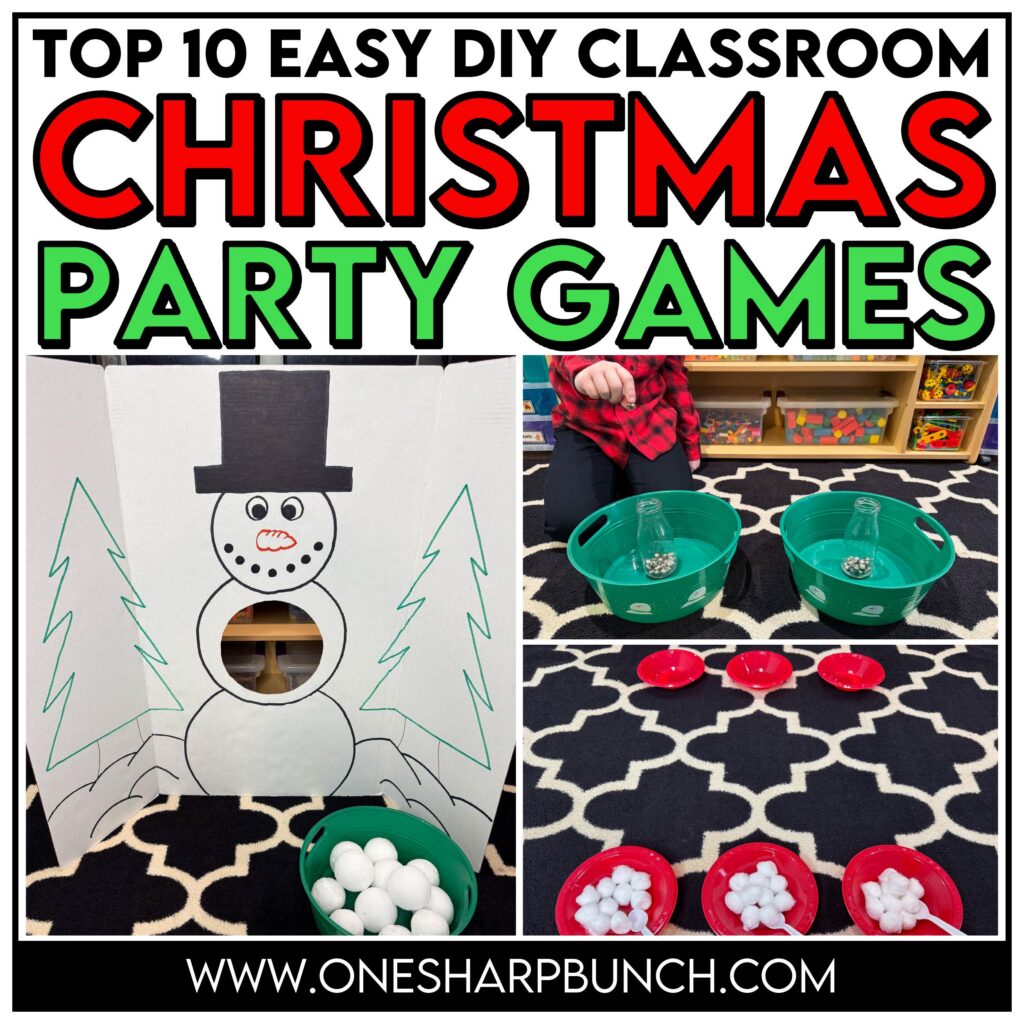 Throw an unforgettable classroom holiday party with these simple and inexpensive DIY Christmas party games for kids! These classroom winter party games include a snowman toss, snowman bowling, and jingle bell drop. All are great for strengthening fine motor skills while celebrating before winter break. Learn more about incorporating these classroom Christmas games for kids and Christmas activities into your classroom Christmas party stations!