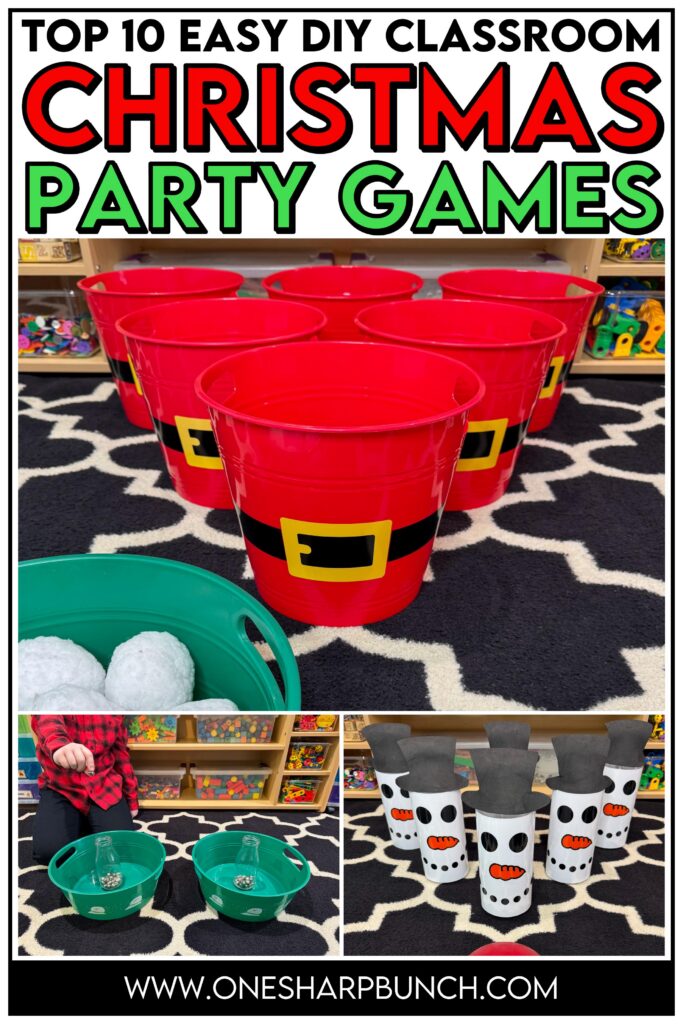 Throw an unforgettable classroom holiday party with these simple and inexpensive DIY Christmas party games for kids! These classroom winter party games include a snowman toss, snowman bowling, and jingle bell drop. All are great for strengthening fine motor skills while celebrating before winter break. Learn more about incorporating these classroom Christmas games for kids and Christmas activities into your classroom Christmas party stations!
