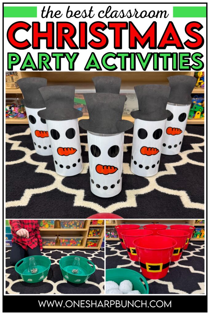 Throw an unforgettable classroom holiday party with these simple and inexpensive DIY Christmas party games for kids! These classroom winter party games include a snowman toss, snowman bowling, and jingle bell drop. All are great for strengthening fine motor skills while celebrating before winter break. Learn more about incorporating these classroom Christmas games for kids and Christmas activities into your classroom Christmas party stations!