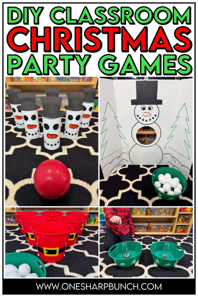 Throw an unforgettable classroom holiday party with these simple and inexpensive DIY Christmas party games for kids! These classroom winter party games include a snowman toss, snowman bowling, and jingle bell drop. All are great for strengthening fine motor skills while celebrating before winter break. Learn more about incorporating these classroom Christmas games for kids and Christmas activities into your classroom Christmas party stations!