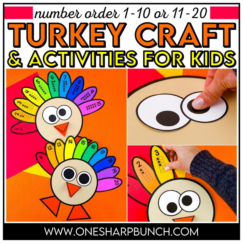Gobble up some learning with these engaging turkey activities! This turkey craft for kids combines a number order turkey craft with a Turkey Trot math game for hands-on number sense practice. Perfect for turkey math centers, thanksgiving activities, and thanksgiving centers for kindergarten, this thanksgiving craft keeps students engaged while building important math skills. Add these activities to your fall centers for meaningful, seasonal learning!